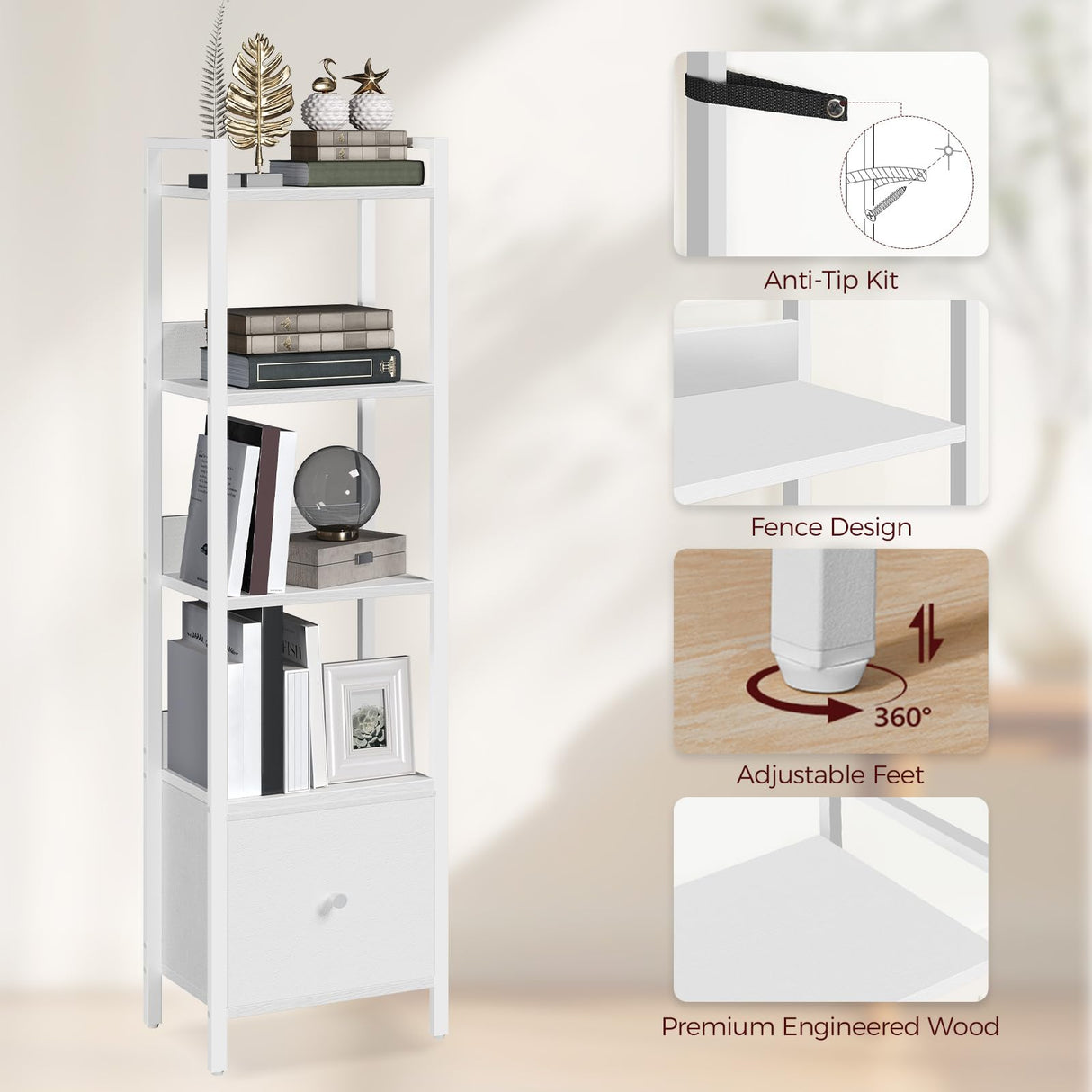 MAHANCRIS Bookshelf, 5-Tier Bookcase with Drawer, Small Book Shelf for Small Space, Storage Shelf Organizer, for Living Room, Bedroom, Study, Kitchen, White BKWT55101 MAHANCRIS