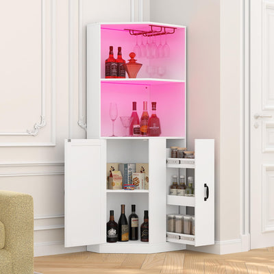 Bigbiglife 71" Corner Bar Cabinet with Power Outlet, Home Bar with LED Light and Glass Holder, Liquor Cabinet Bar Unit with Drawer for Home, Corner Display Cabinet for Living Room, Dining Room