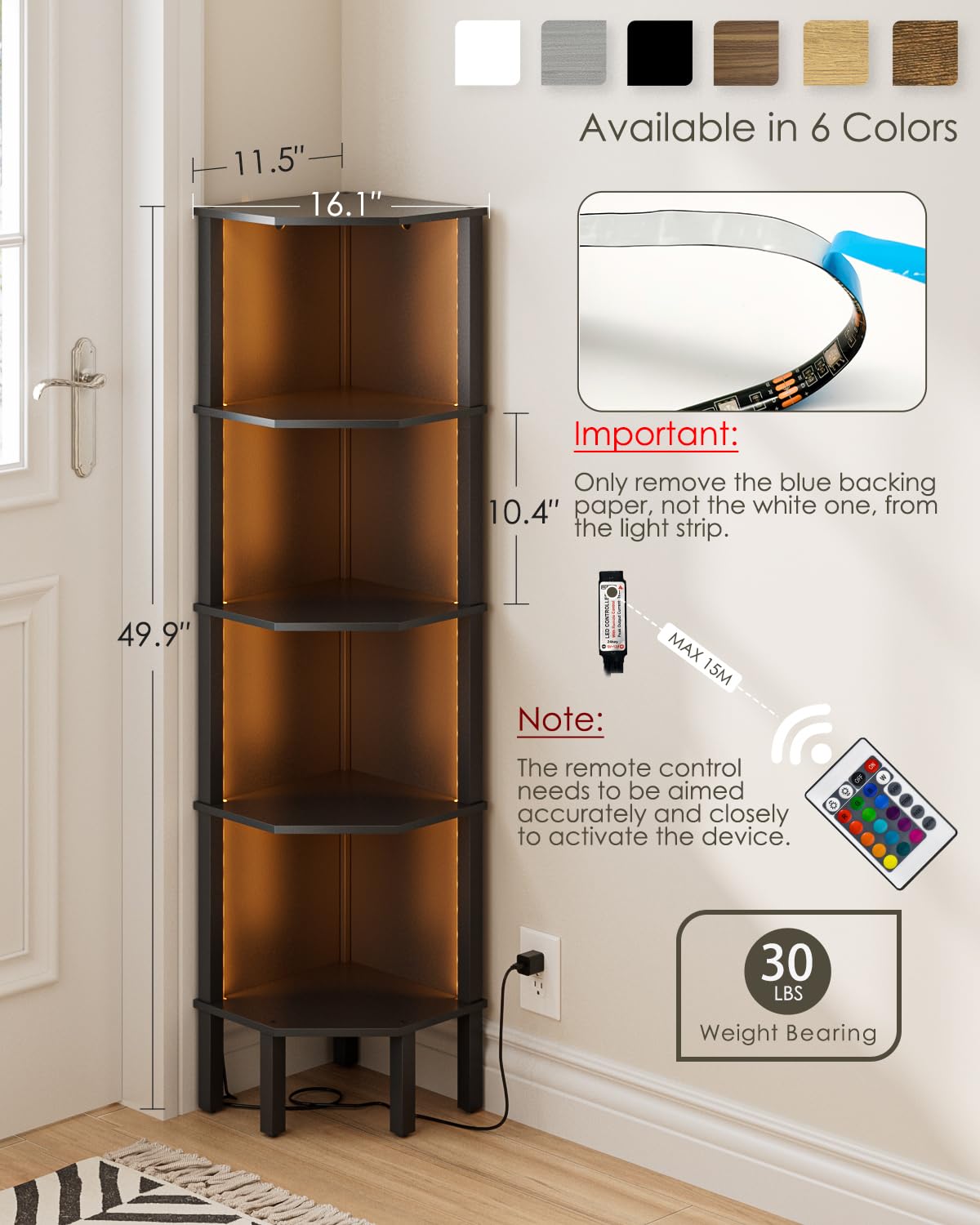 Acodaiuy Corner Shelf, 5 Tier Corner Bookshelf with LED Light,Wall Display Corner Shelf Stand with Storage Rack for Living Room,Bedroom,Office,Black Acodaiuy