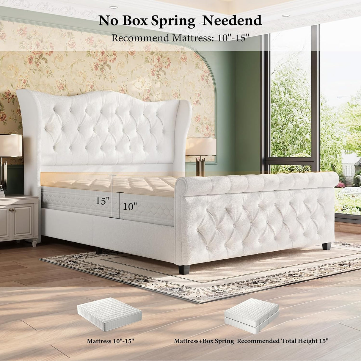 koorlian King Size Platform Bed Frame,Upholstered Bed Modern,Sleigh Bed with 51 inch Tall Headboard Footboard,Platform Chenille Bed Luxury,Button Tufted,Sturdy Wood Slats Support,Cream koorlian
