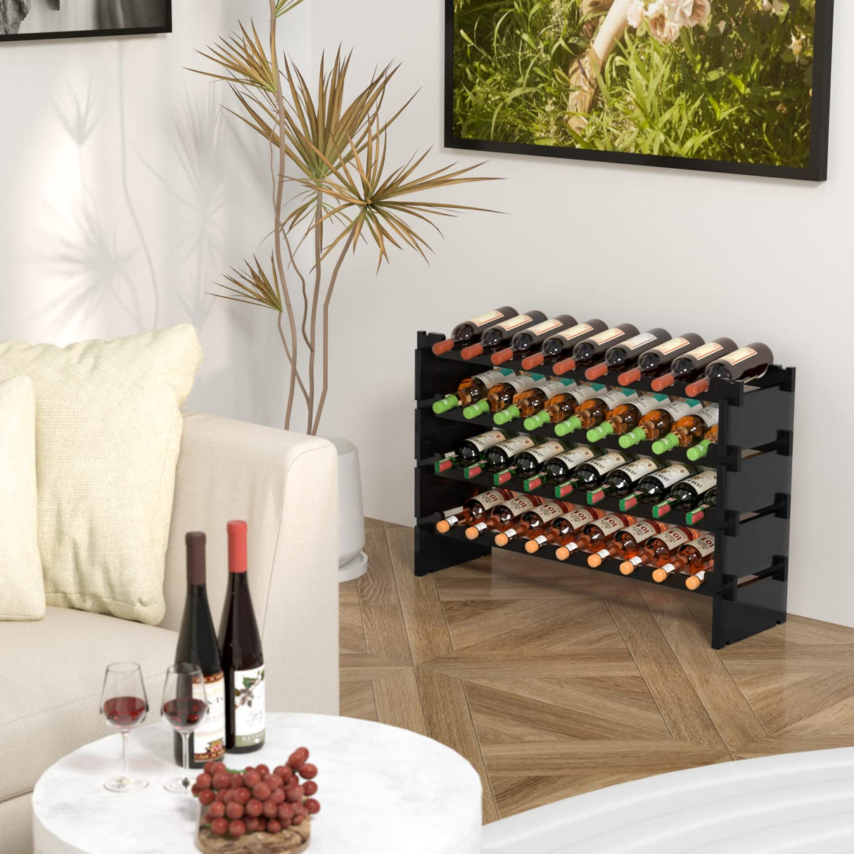Domax Wine Rack Freestanding Floor - 4 Tiers Stackable Wine Rack 36 Bottle Wine Bottle Holder, Bamboo Wine Holder Wine Storage for Kitchen, Bar, Pantry, Wine Cellar and Countertop (Black) Domax