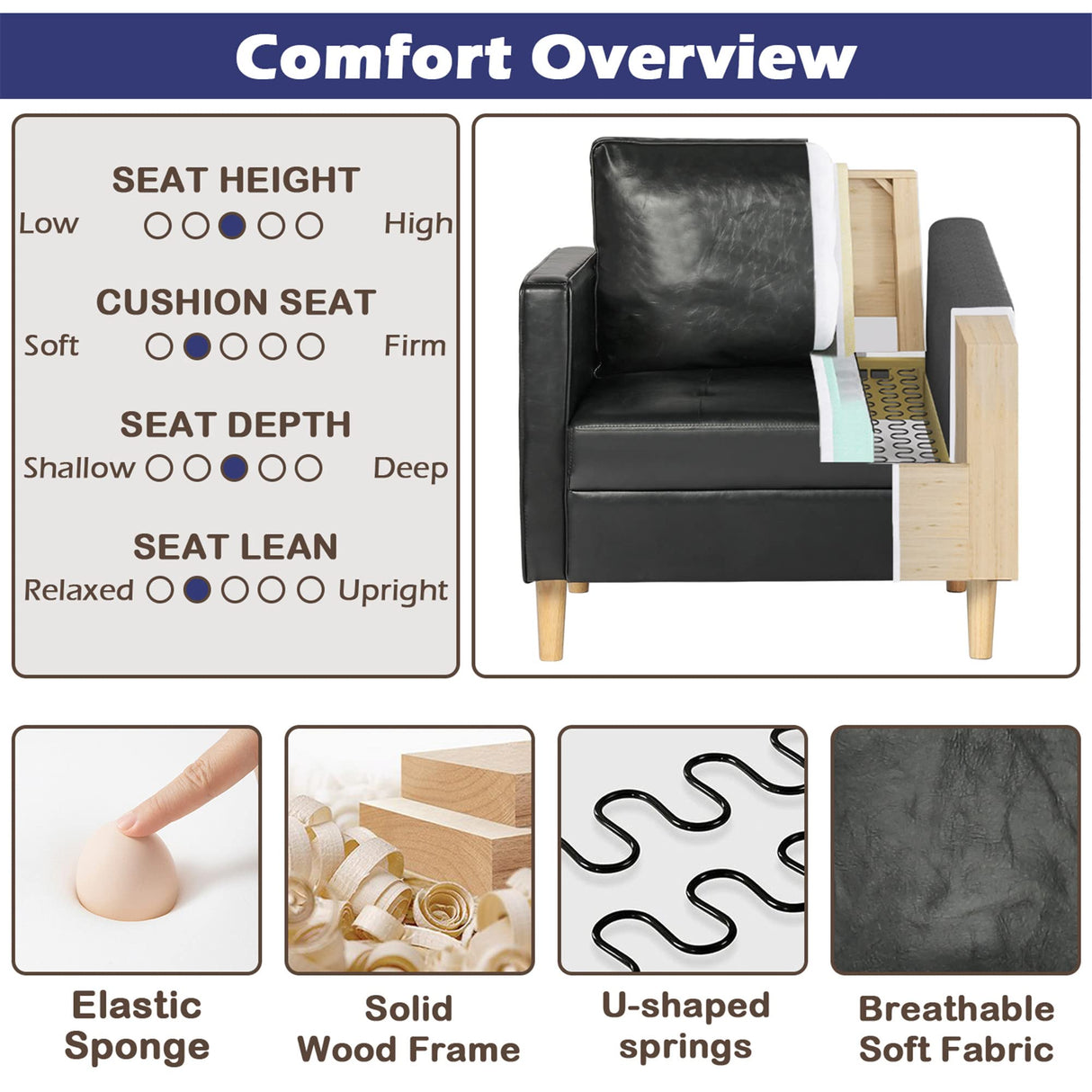 STHOUYN Black Faux Leather Accent Chairs Set of 2 Small Living Room Bedroom Chairs, Comfy Reading Chair Single Sofa for Adults, Suitable Small Spaces Office Couch, Easy Assembly STHOUYN