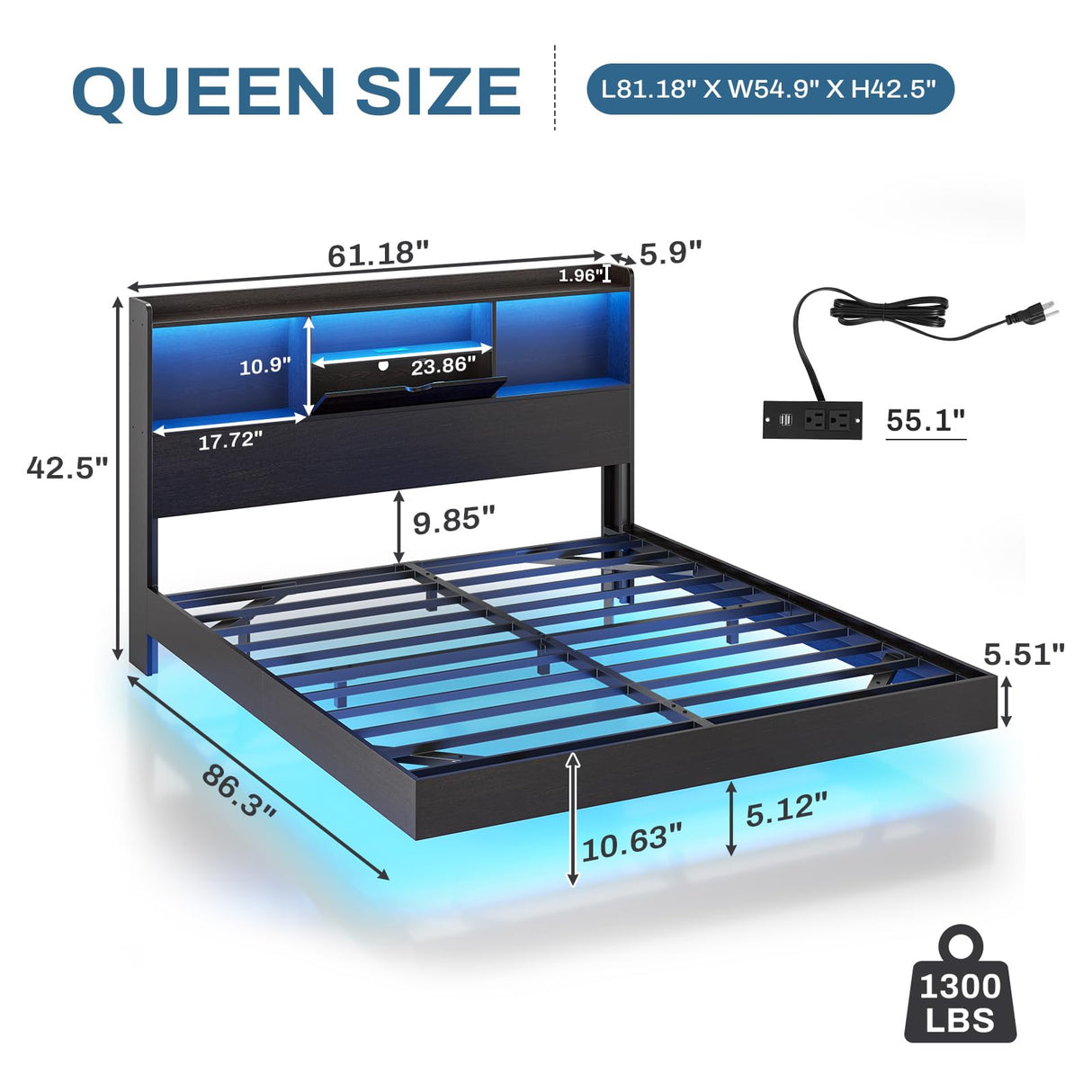 DICTAC Queen Floating Bed Frame with LED Lights and Headboard Storage, Visual Floating Bed with Charing Station, Queen Size Metal Platform Bed with Stable Structure, No Box Spring Need, Easy Assembly DICTAC