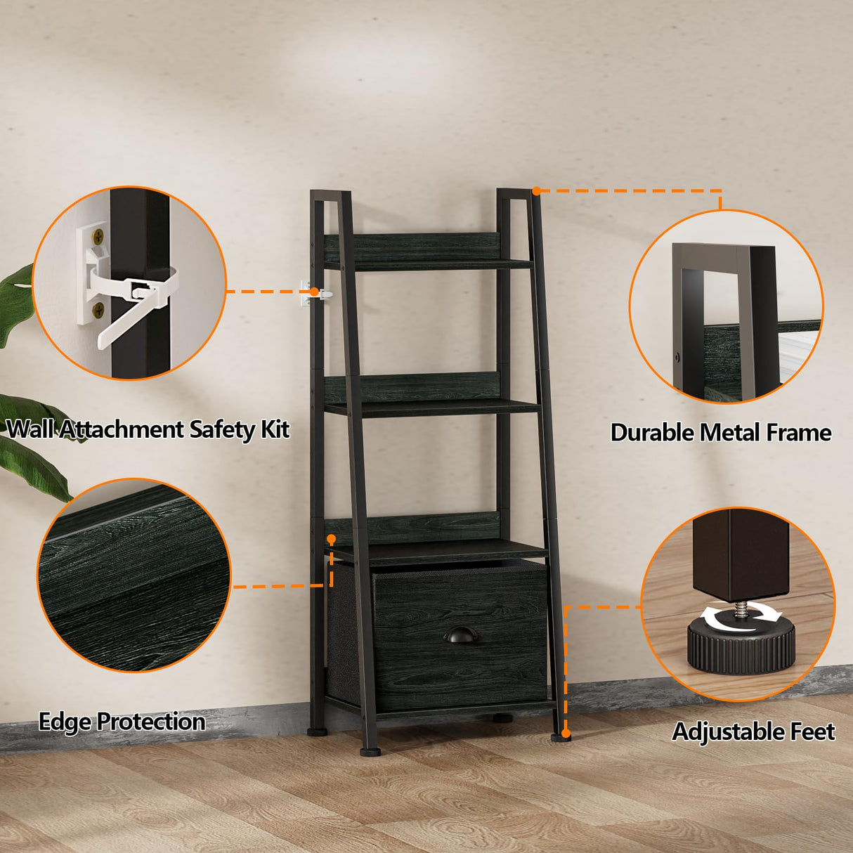 Furologee 4-Tier Ladder Shelf, Ladder Bookshelf with Removable Drawer, Bookcase Storage Rack Organizer, Freestanding Storage Shelves for Living Room, Home Office, Bedroom, Black Oak Furologee