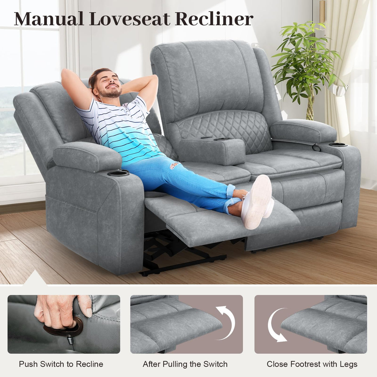 Yolsali Loveseat Recliner Sofa, Manual Reclining Loveseat with Removable Armrest, PU Leather Double Recliner for RV with 2-Tier Cushions, USB Charging Ports, Cup Holders - Gray, PU Yolsali