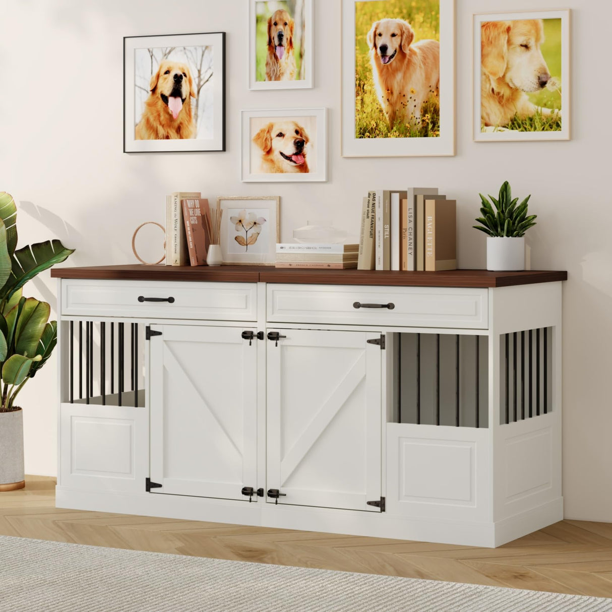 Large Dog Crate Furniture - Wooden Indoor Dog Kennel Furniture for 2 Dogs with 2 Drawers and Removable Divider, Heavy Duty Dog Crate Table, 63" L x 23.6" W x 31.5" H, White Faceket