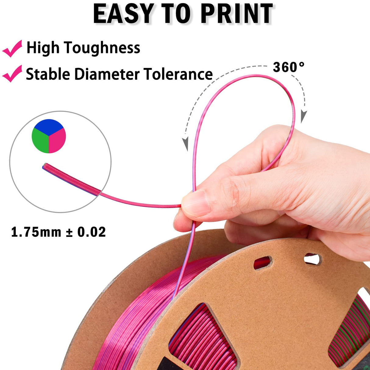 OVV3D Silk PLA Filament, 3D Printer Filament Tri-Colors Coextrusion PLA Filament 1.75mm, Rainbow PLA Filament with Silk PLA Red-Blue-Green, 3D Printing Filament +/-0.02mm, 1kg/2.2lbs OVVNYXE