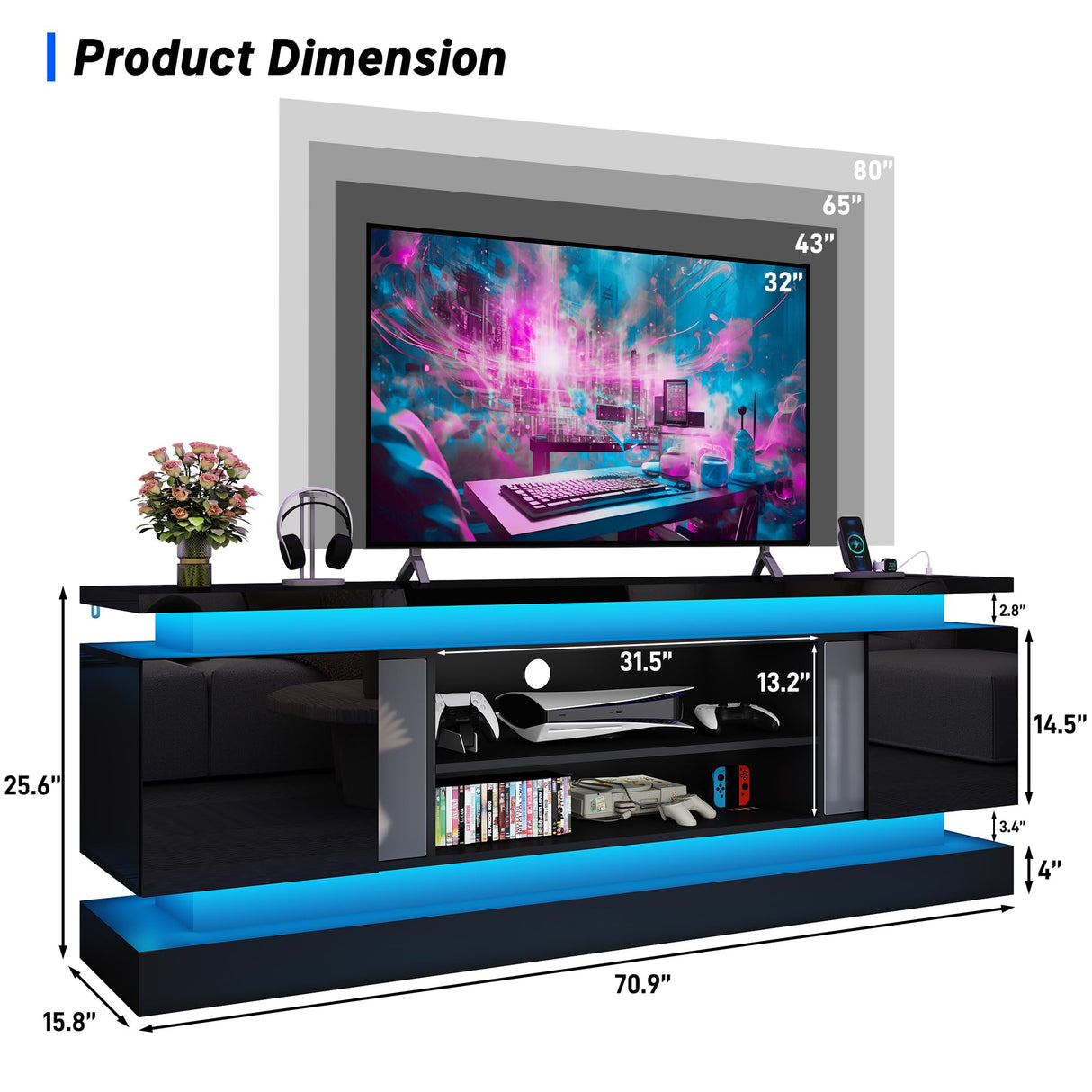 71IN LED TV Stands w/Power Outlet for 85/80/75 Inch TV,High Glossy Modern TV Console Gaming Entertainment Center with 2 Storage Cabinets,Dual LED Lights Strips for Living Room,Bedroom,Black chartustriable