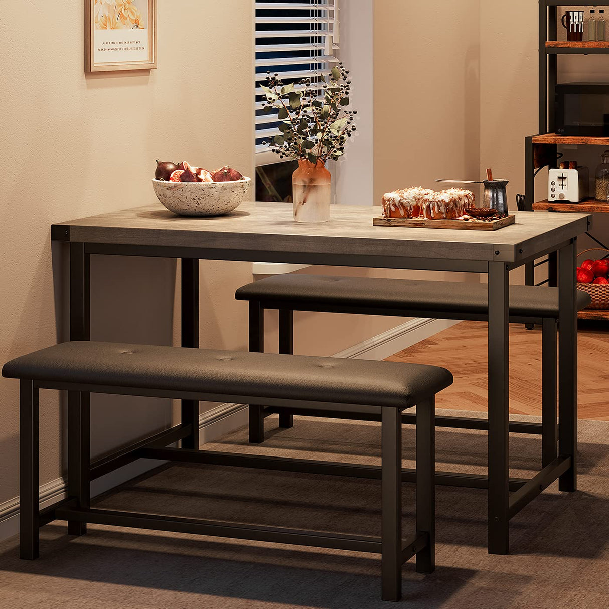 Alkmaar Farmhouse Dining 4 Kitchen Table Set with 2 Benches, Retro Gray Alkmaar