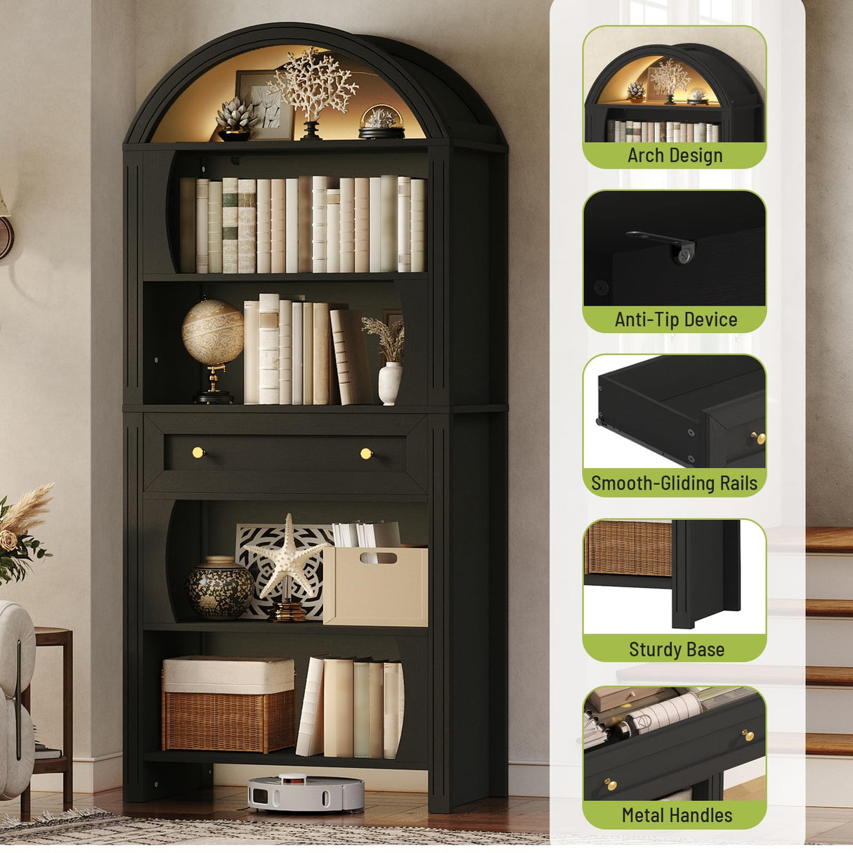 STHYTON 70.3" Tall Arched Bookshelf, 6-Tier Book Shelf with LED Lights, Farmhouse Arched Bookcase with Open Shelves and Drawer, Freestanding Display Rack, for Living Room, Study, Home Office, Black STHYTON
