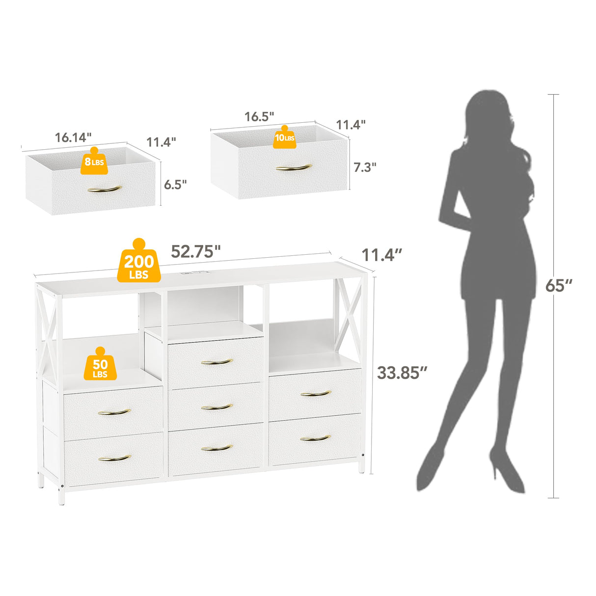 Decofy Dresser for Bedroom with Power Outlets and LED Lights, 7 Drawers TV Stand Dresser for 65 Inch TV, Chest of Drawers with Open Shelf, Wide White Dresser, ๐๐ ๐๐๐๐ญ๐ก๐๐ซ, for Bedroom, Closet Decofy