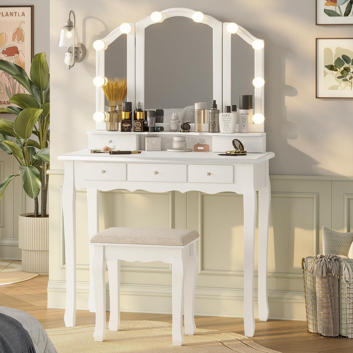 Tiptiper Makeup Vanity with Lights, Vanity Desk with Lighted Mirror and Stool, Vanity Table Set with 5 Drawers, 3 Light Settings, Adjustable Brightness, White Tiptiper