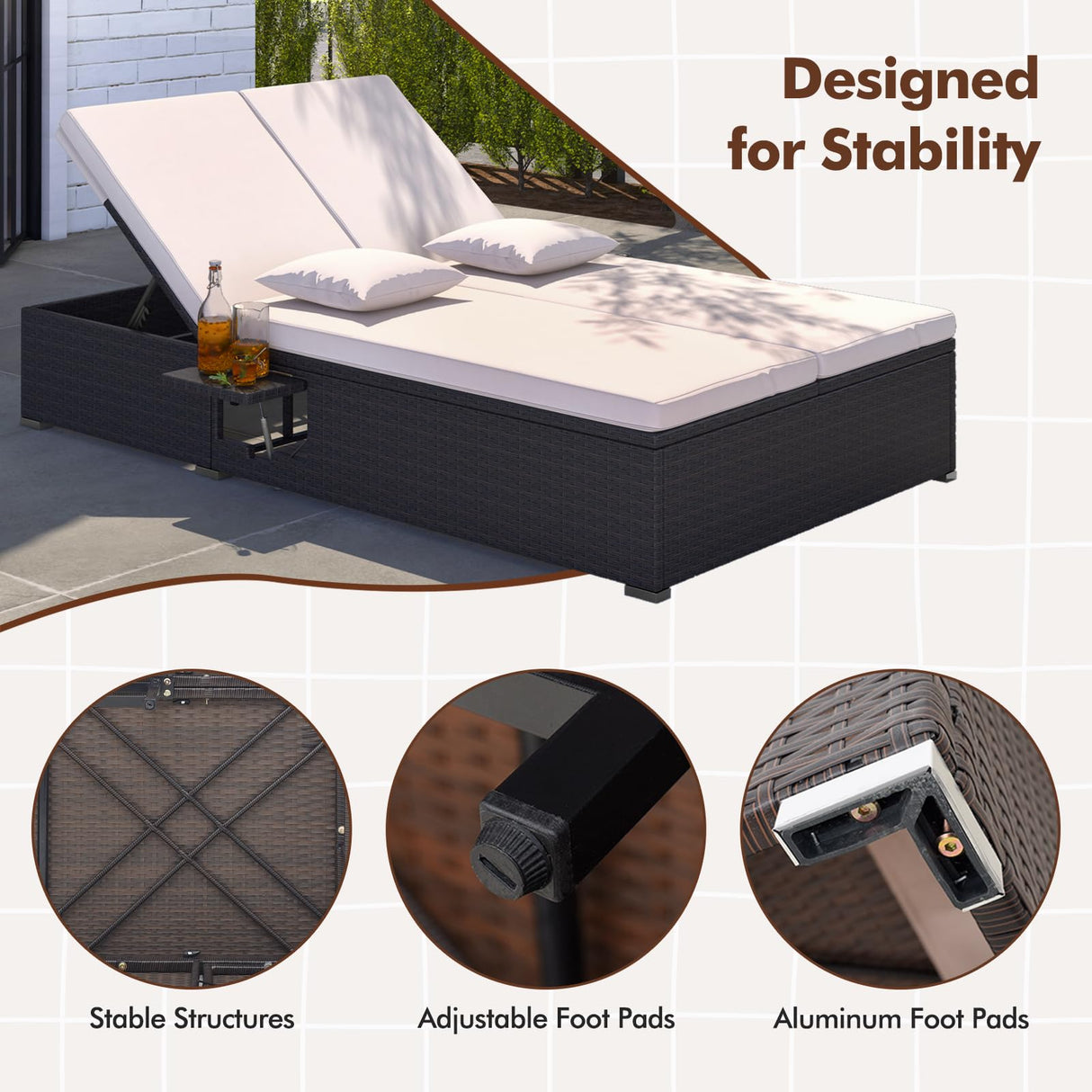HAPPYGRILL Outdoor Patio Lounge Daybed PE Wicker Double Chaise Lounge with 6-Position Adjustable Backrests, Soft Pillows & Cushions, 2-Person Reclining Sunbed with Foldable Cup Trays HAPPYGRILL