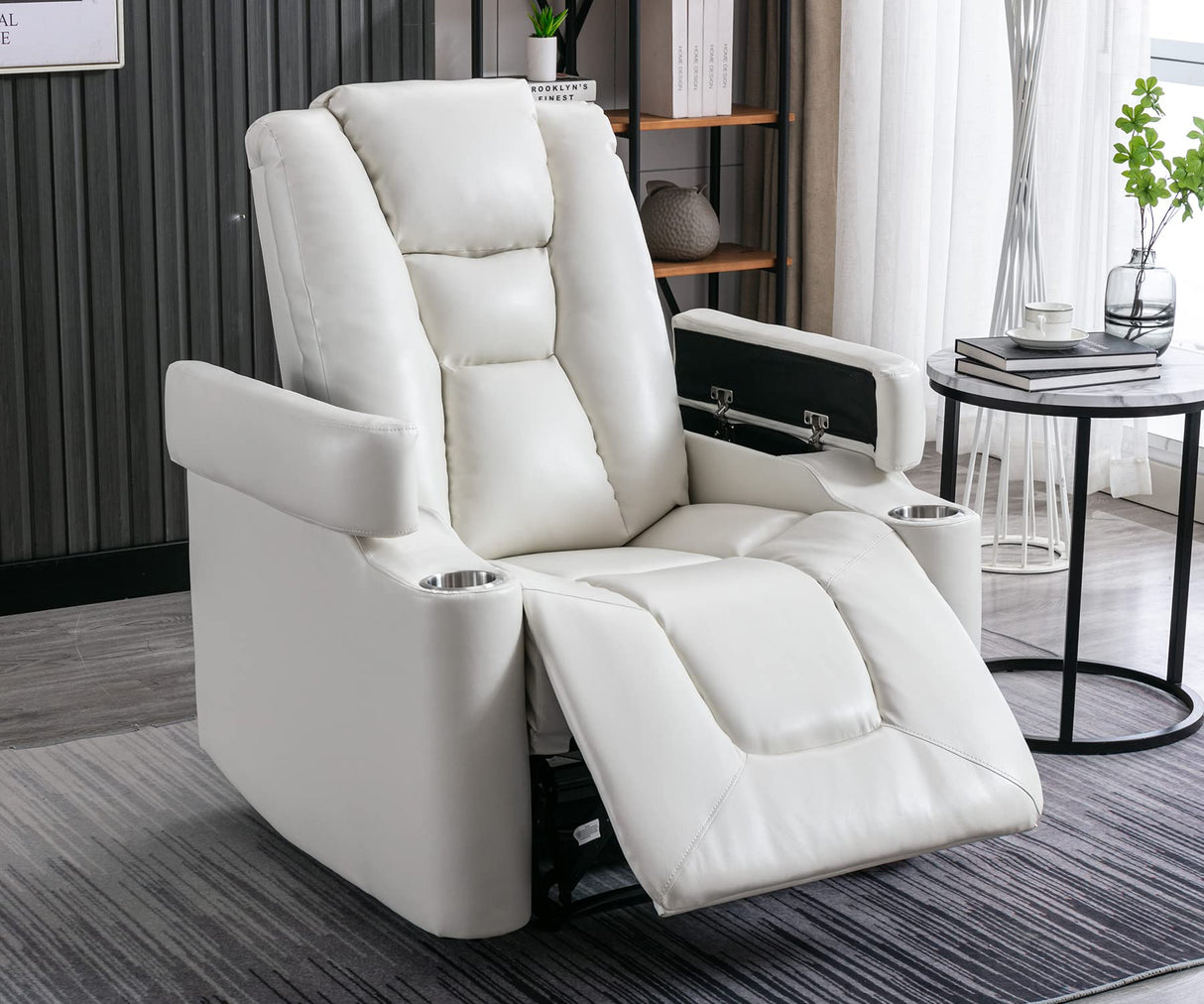 ANJ White Power Recliner Chair Electric Home Theater Seating Soft Leather Movie Chair for Living Room Overstuffed Single Reclining Sofa with Hidden Arm Storage, Cup Holders and USB Ports (Cream White) ANJ