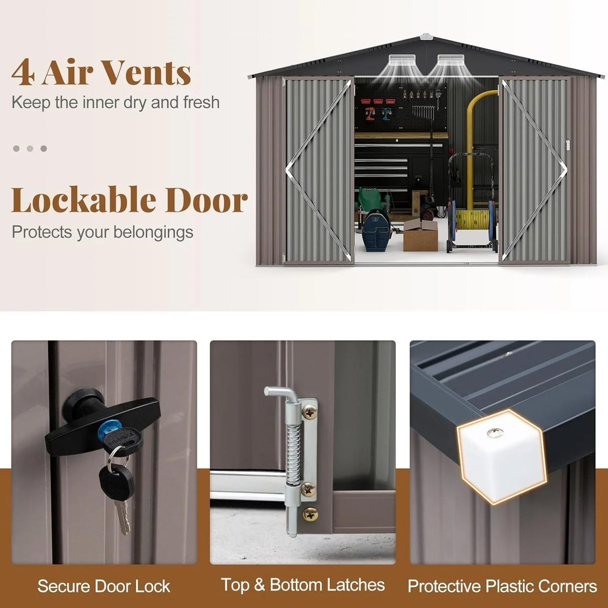 GVDV 10x14 FT Outdoor Metal Storage Shed, Durable Garden Shed with Updated Frame Structure for Backyard, Patio, Tool Storage, All-Weather Shelter for Bike, Gardening Tools, Lawn Mowers GVDV