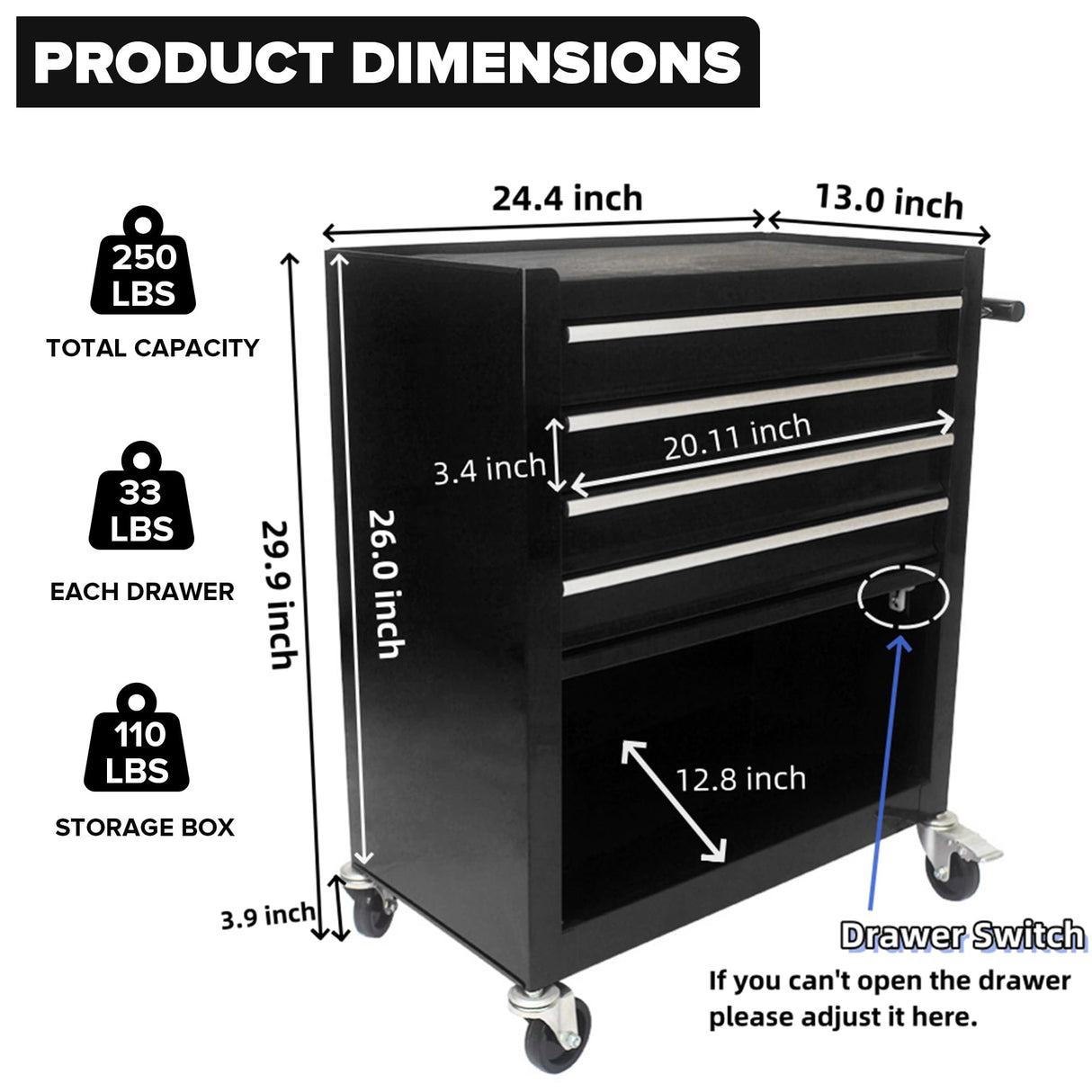 nifoti 4 Drawers Tool Cart on Wheels,Rolling Tool Box Tool Storage, Drawers Rolling Tool Box Organizer Tool Case for Garage, Warehouse, Workshop, nifoti