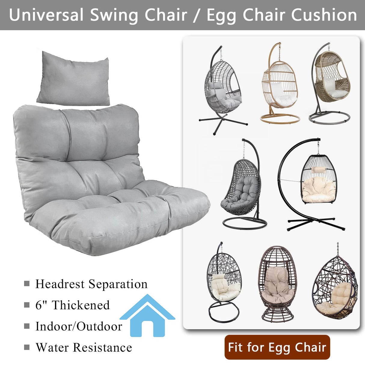 Enipate Outdoor Hanging Egg Chair Cushion, Water-Resistant Tufted Swing Basket Chairs Cushion Pads with Headrest Pillow Enipate