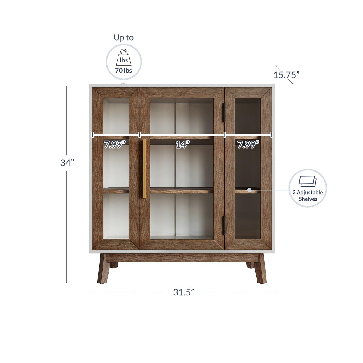 BELLEZE Sideboard Buffet Cabinet, Modern Curio Cabinet 3-Tiers Console Table for Kitchen Glass Display Cabinet Storage/Pantry Cabinet Coffee Bar for Living Room Bedroom Entryway, Brown BELLEZE