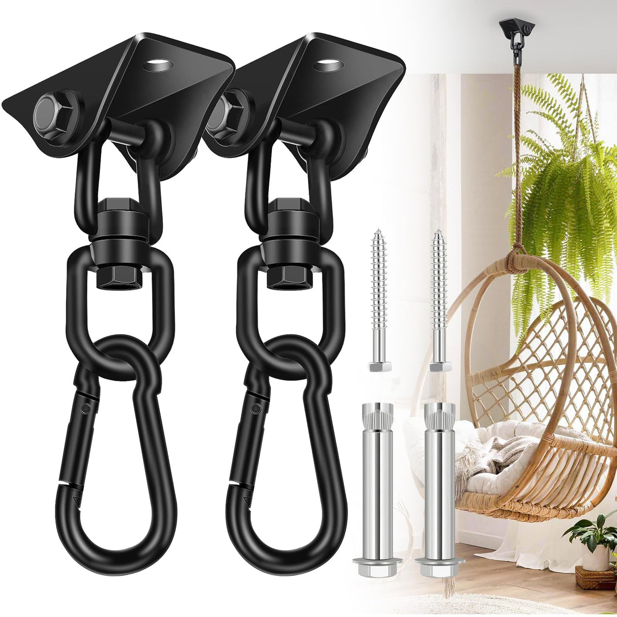 Hammock Hanging Kit 2 Pack, Porch Swing Hanging Kit 1200 Lb Capacity, Hammock Ceiling Hooks Heavy Duty 360°Rotating Hanging Swing Chair Hardware for Hammock Chair Stand, Porch, Yoga, Gym Feanron