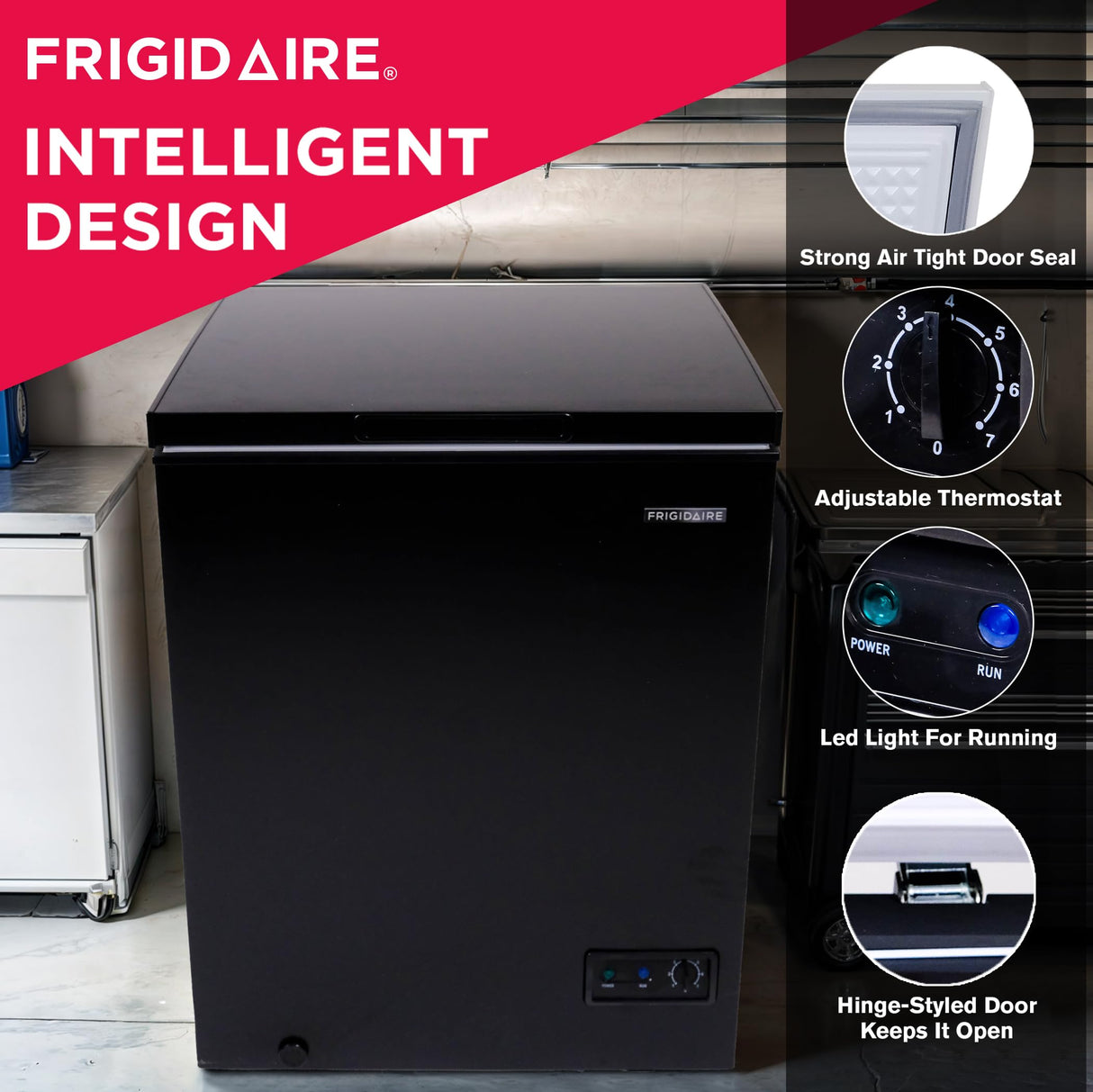 Frigidaire EFRF5003-BLACK Chest Deep Freezer-GARAGE-READY, 5.0 Capacity, Black-Adjustable Thermostat-Removable Vinyl Coated Wire Basket-Easy Defrost Drain, 5 cu ft Frigidaire