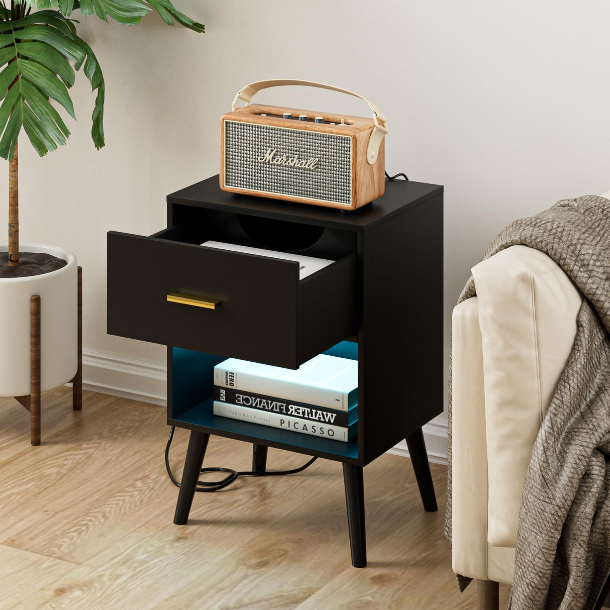 Aienvey Nightstand with Charging Station and LED Lights, Small Side Table, Bedside Table with Drawer, Modern Night Stand, End Table for Bedroom, Living Room (Black) Aienvey