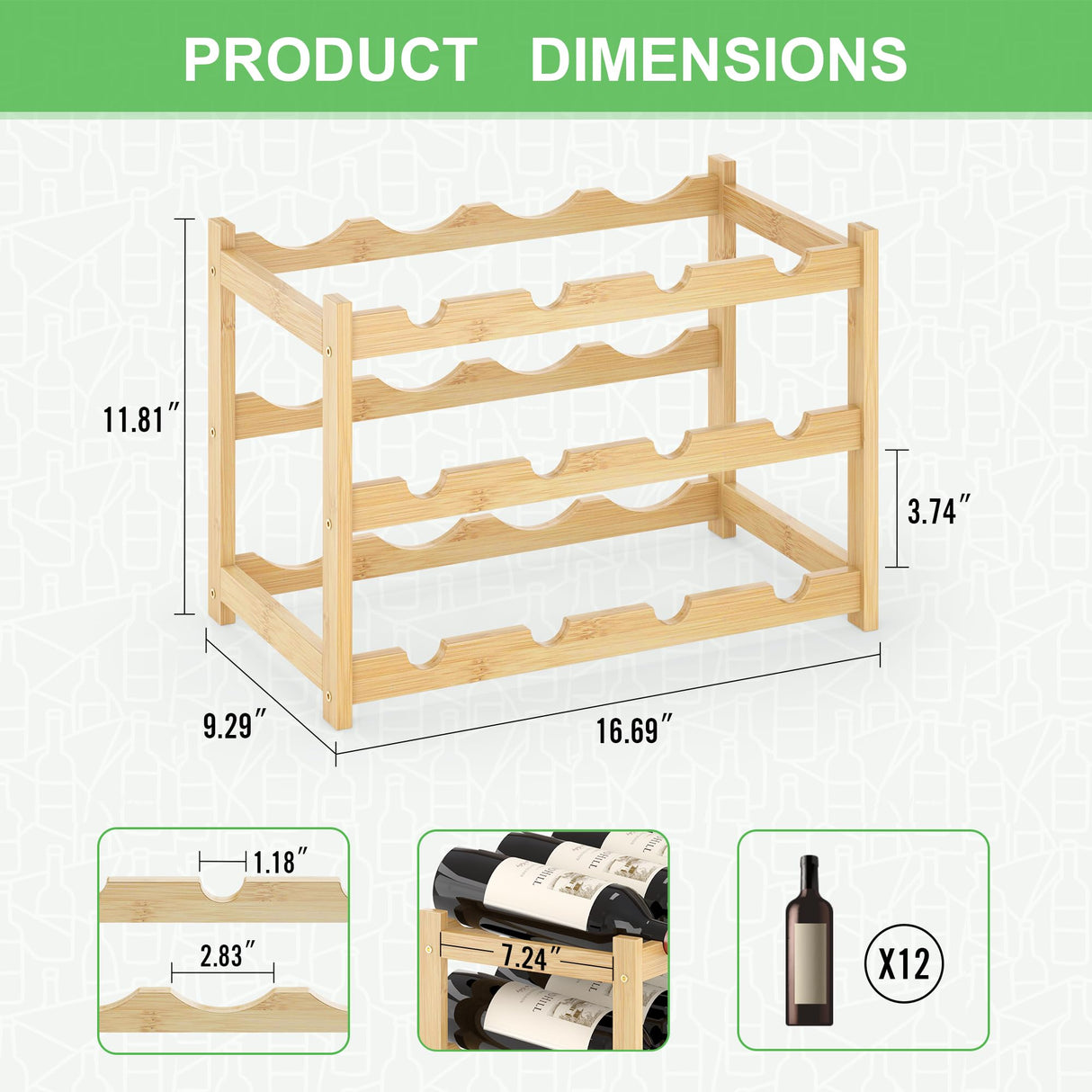 MHXW SXPN Wine Rack Countertop for 12 Wine Bottles, Small Bamboo Free Standing Racks Tabletop Display, Wooden Wine Storage Organizer for Cabinet Pantry Kitchen Bar Home Dining Room (Natural) MHXW SXPN