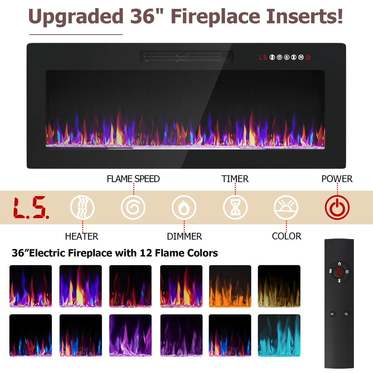 PRETZI Fireplace TV Stand with 36" Fireplace Up to 90" TVs,80" Entertainment Center with LED Lights,Remote Control,TV Media Console with Storage Cabinets for Living Room, Black PRETZI