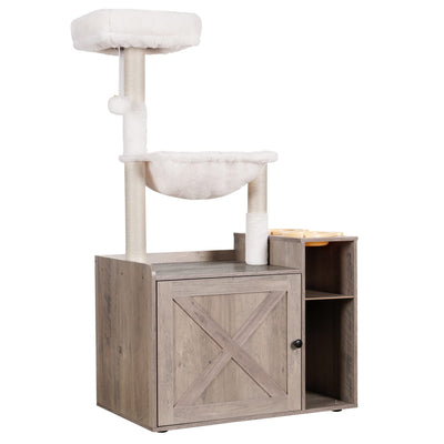 Hey-brother Cat Tree with XL Litter Box Enclosure, All-in-one Cat Tower for Indoor Cats with Large Hammock, Bed, Food Station, Scratching Posts, Modern Style Pet Furniture, Rustic Gray MPJ101SG