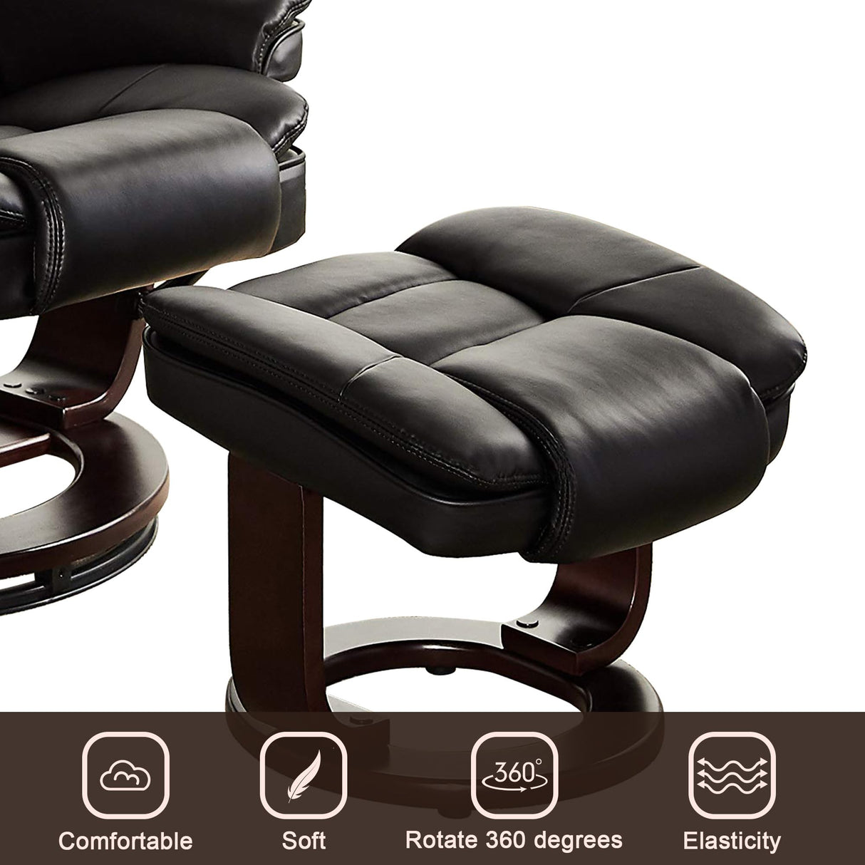 JC Home Argus Swivel Recliner with Ottoman, PU Leather & Wood Base Reclining Chair with Footrest, Ultra-Plush Double Foam for Living Room, Bedroom and Office JC Home