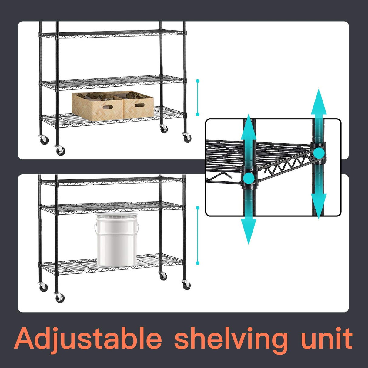 Commercial Wire Shelving Unit Metal Shelf Casters Adjustable Layer Rack Strong Steel for Restaurant Garage Pantry Kitchen Garage (48×18×72, Black) BestOffice