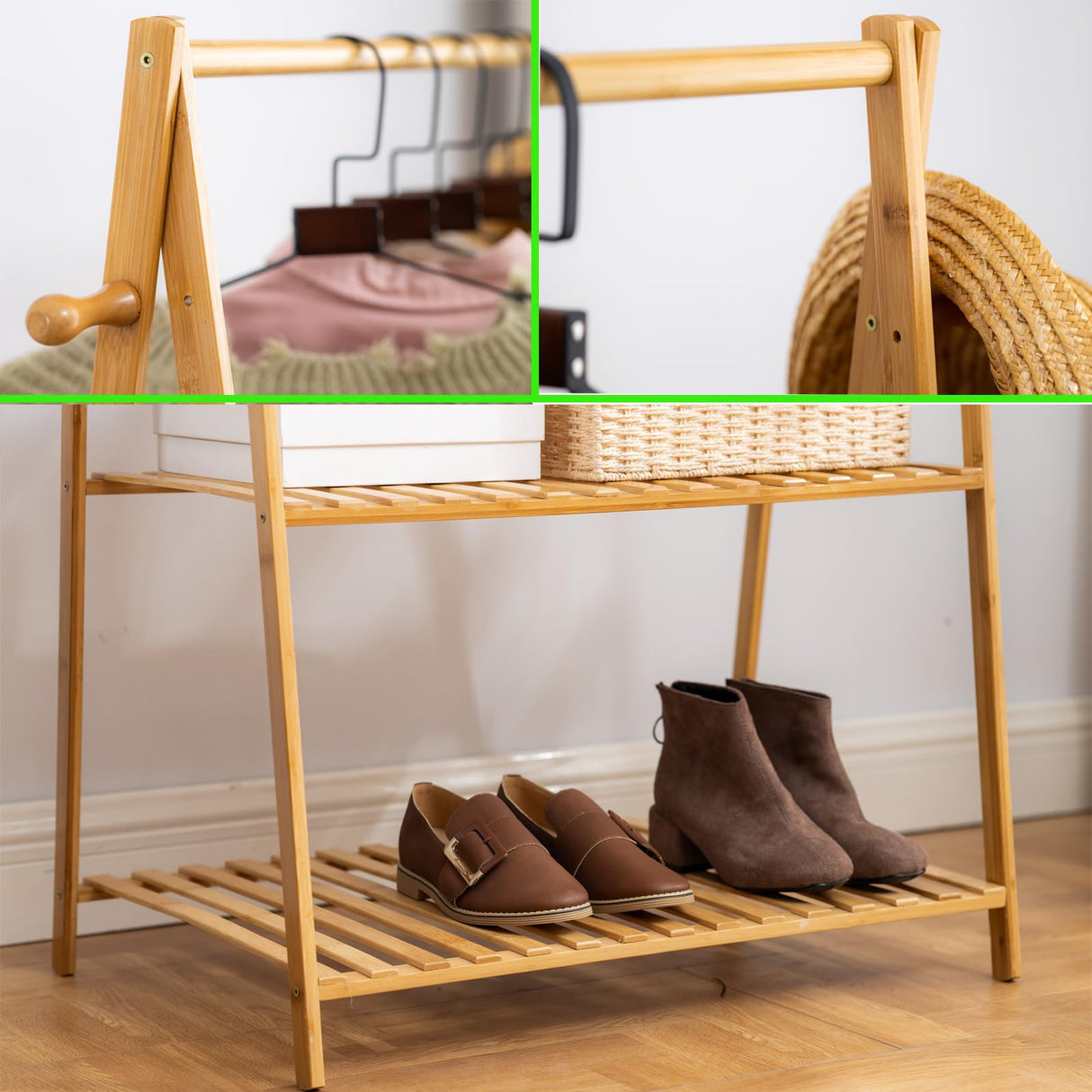 SHUOXIANG Bamboo Clothing Rack with Top Hanging Garment Rod, 2 Side Hooks & Bottom 2-Tier Shelves – Space-Saving Organizer for Clothes, Hats, Bags & Shoes SHUOXIANG