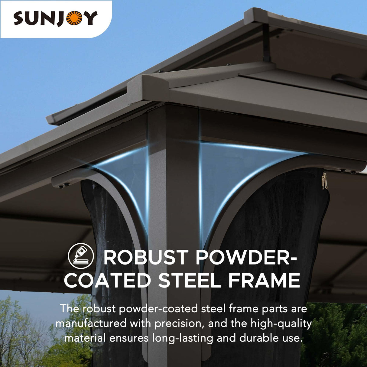 Sunjoy Hardtop Gazebo 12 x 16 ft. Outdoor Gazebo, Heavy Duty Steel Frame Gazebo, Double Tiered Metal Gazebo with Ceiling Hook and Removable Netting Sidewalls, Brown Sunjoy