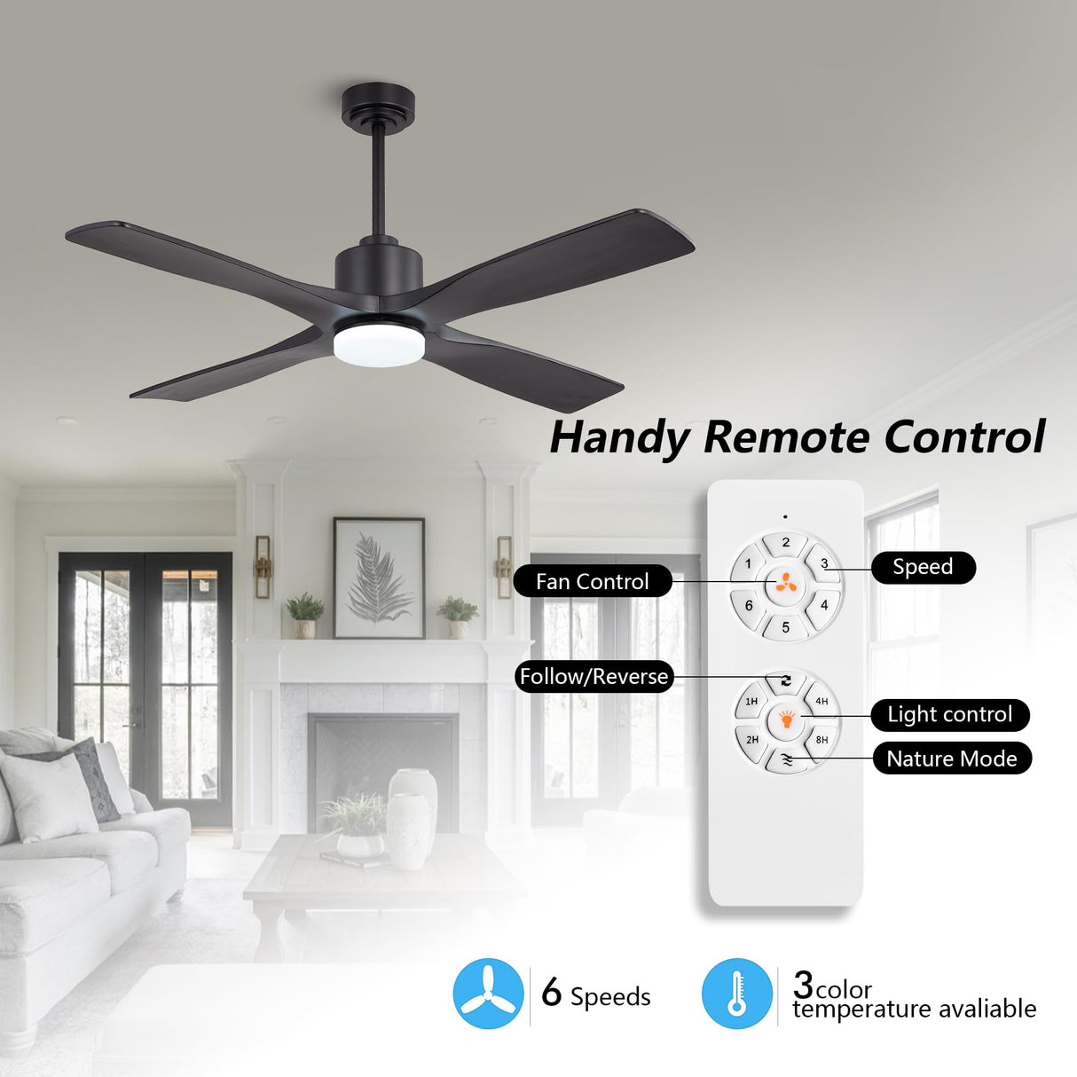 WINGBO 54 Inch DC Ceiling Fan with Lights and Remote Control, 4 Carved Solid Wood Blades, 6-Speed Noiseless Reversible DC Motor, Modern Ceiling Fan in Matte Black Finish with Black Blades WINGBO