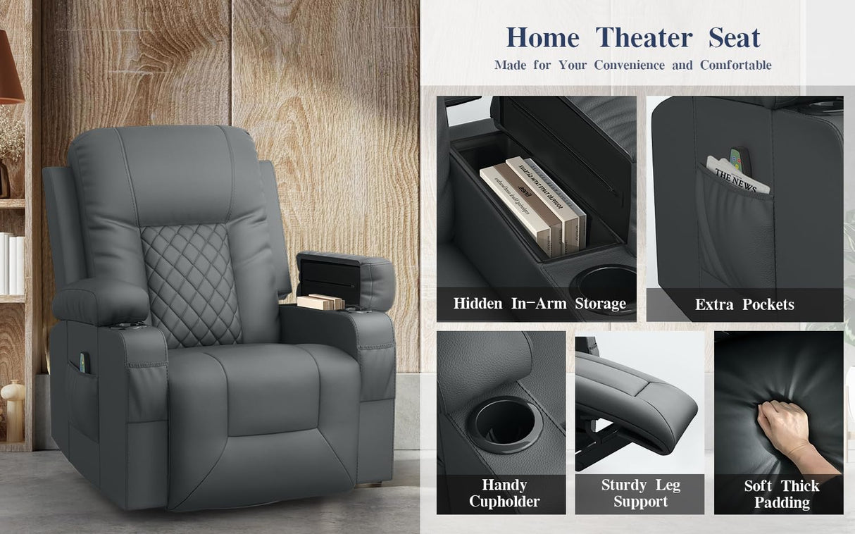 FURNIMAT Recliner Chairs for Adults, Massage Rocker with Heated Modern Ergonomic Lounge 360 Degree Swivel Single Sofa Seat Living Room Lounge Recliners Gray FURNIMAT