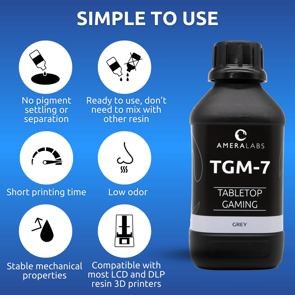 AmeraLabs TGM-7 3D Wargaming Resin for Tabletop Miniatures – Tough, High Resolution, Low Odor, Fast Curing 3D Printing Liquid for 4K/8K/12K LCD/DLP/SLA 3D Printers (Grey, 1kg) AmeraLabs