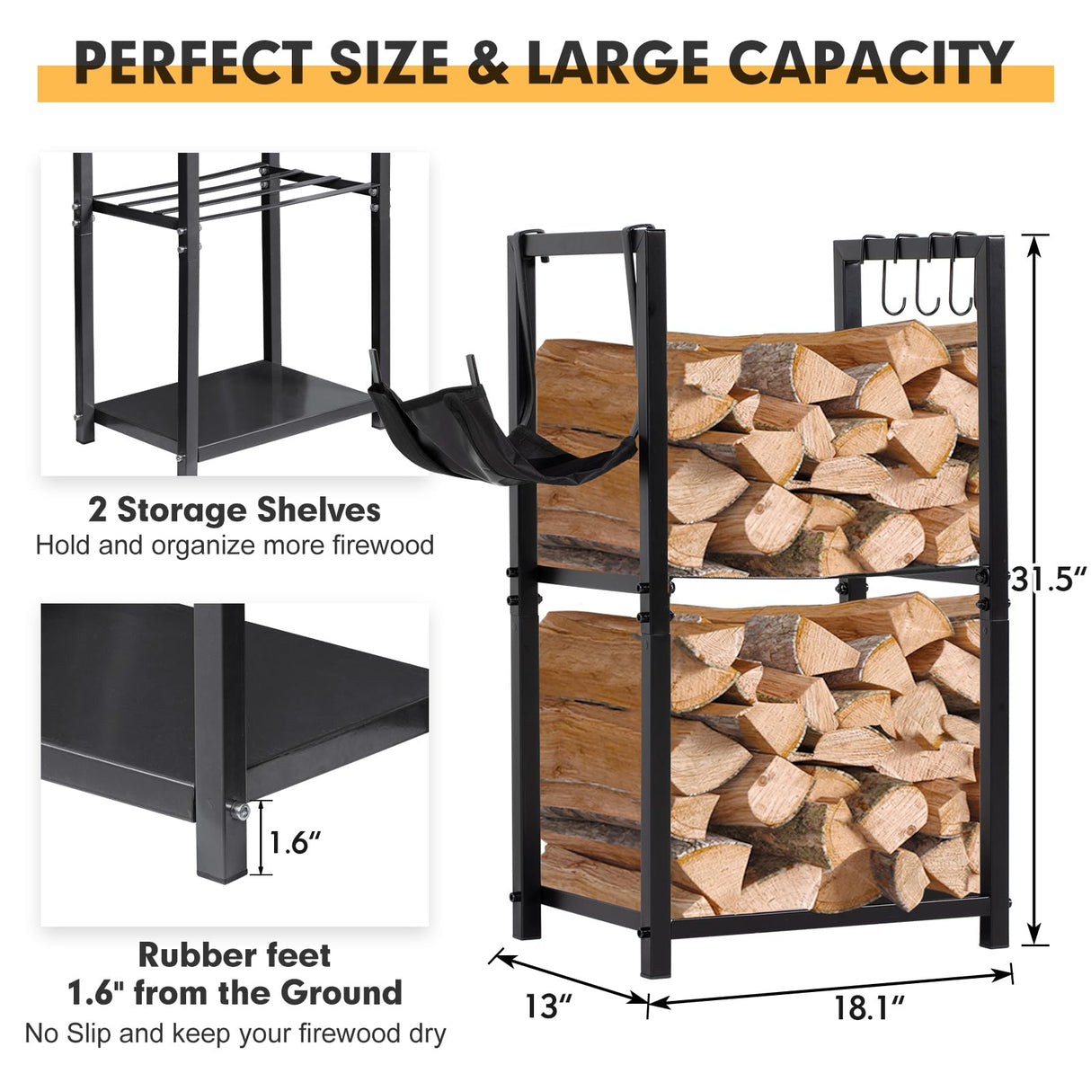 nalone Firewood Rack Indoor, Small Outdoor Firewood Log Storage Rack, 2-Tier Wood Holder with 6 Hooks, Firewood Stand for Indoor Fireplace, Outdoor Patio, Fire Pit, Stove nalone