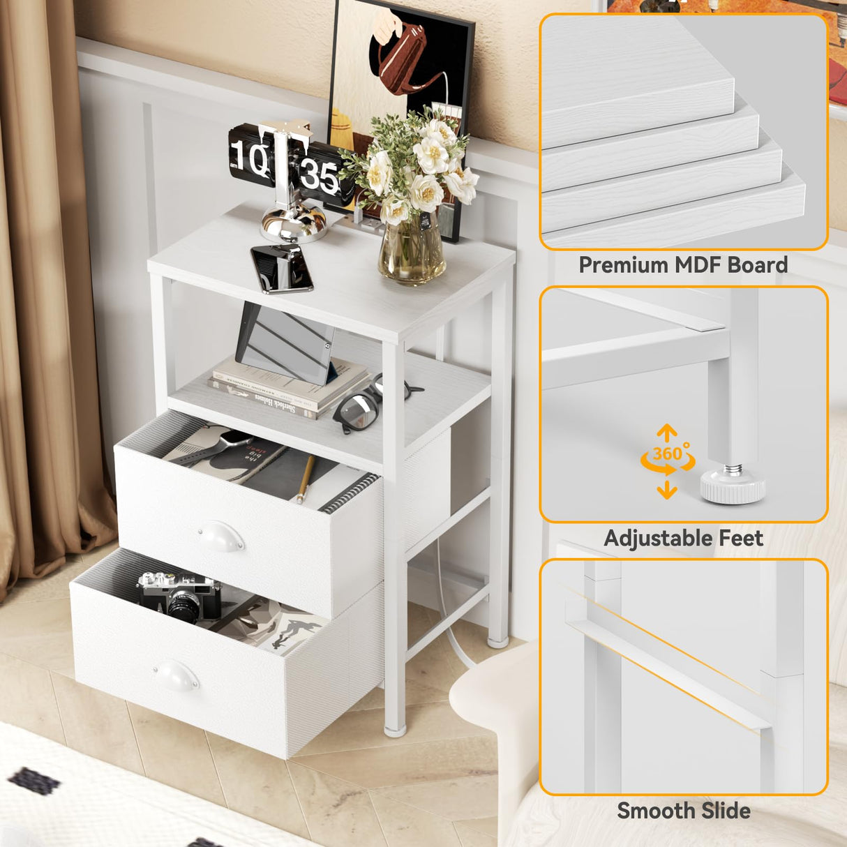 Furologee Nightstands Set of 2, End Tables Set of 2 with Charging Station and LED Lights, White Night Stands with 2 Fabric Drawers, Bedside Tables for Living Room/Bedroom Furologee