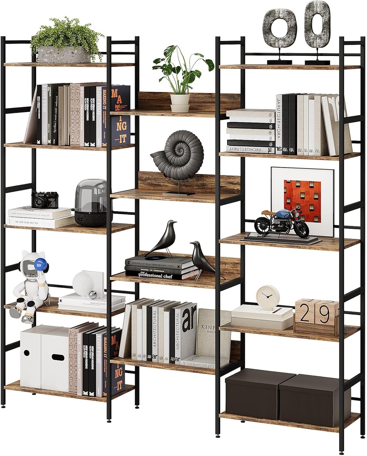 Triple Wide 5 Tier Bookcases and Bookshelves,Adjustable Industrial Style BookShelf With 14 Open Display Shelves,Metal Frame Wide Book Shelf Book Case for Bedroom Living Room Home Office Study Room Amenitlif