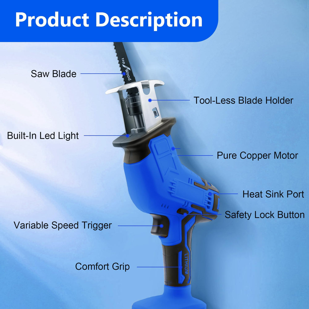Reciprocating Saw Compatible with 18V Battery,Cordless Reciprocating Saw,0-3500SPM Variable Speed, 4 Saw Blades/Protective Glasses/Mitten Kit for Wood/Metal/PVC Cutting(Battery not included) Mudite