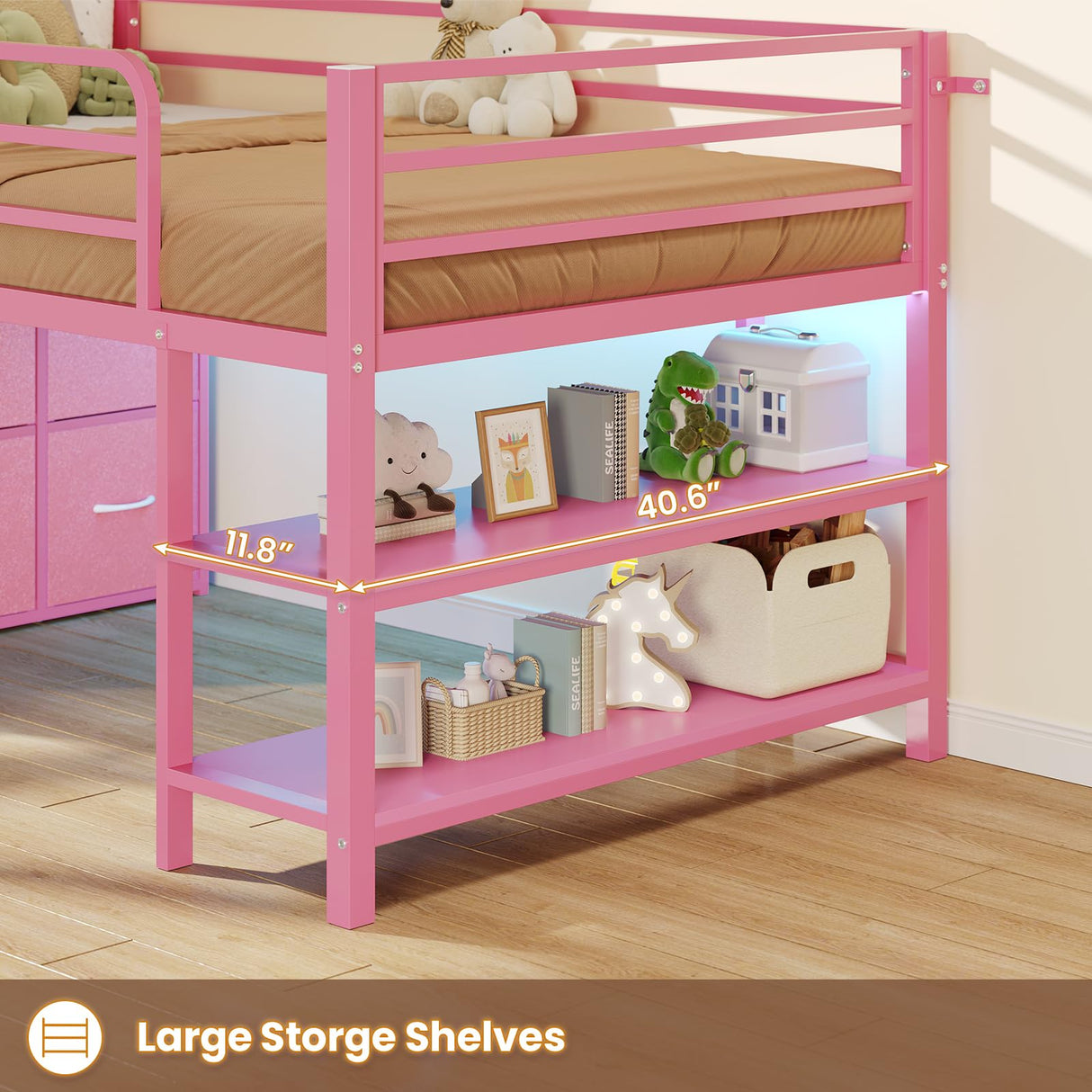 BTHFST Low Loft Bed Twin Size with 6 Storage Drawers, LED Lights, 2 Tier Storage Shelves, Kids Metal Loft Bed with 15" H Stairs & Safety Guardrail, Spave Saving, Pink BTHFST