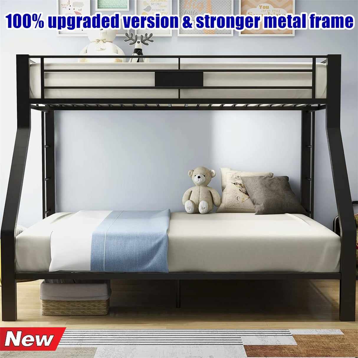 NIAYOU Twin XL Over Queen Bunk Bed, Industrial Style, Black Metal, Up to 900 lbs Weight Capacity, Easy Assembly NIAYOU