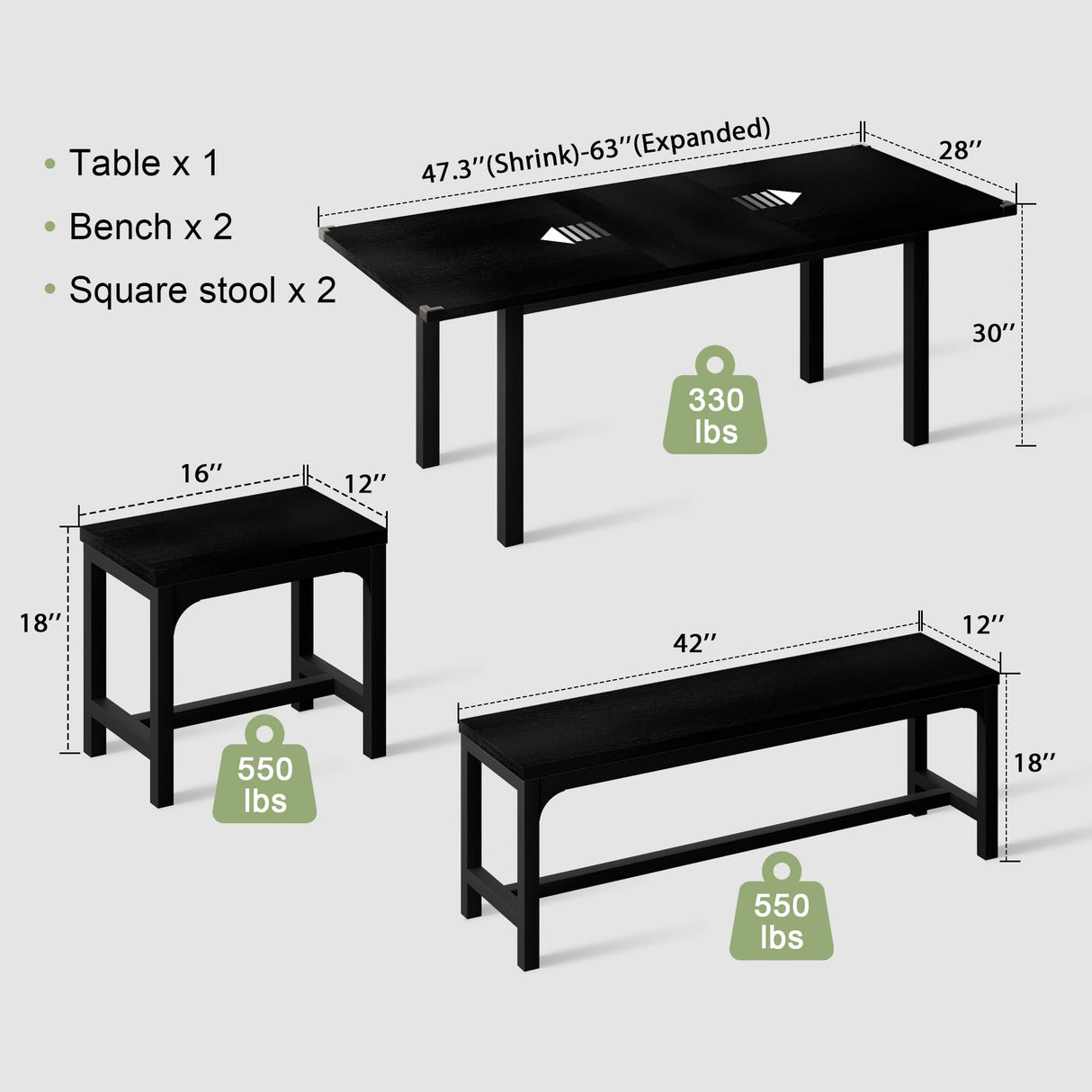 Feonase 5-Piece Dining Table Set for 4-8 People, 63" Large Extendable Kitchen Table Set with 2 Benches and 2 Square Stools, Dining Room Table with MDF Wood Board, Easy Assembly, Black Feonase