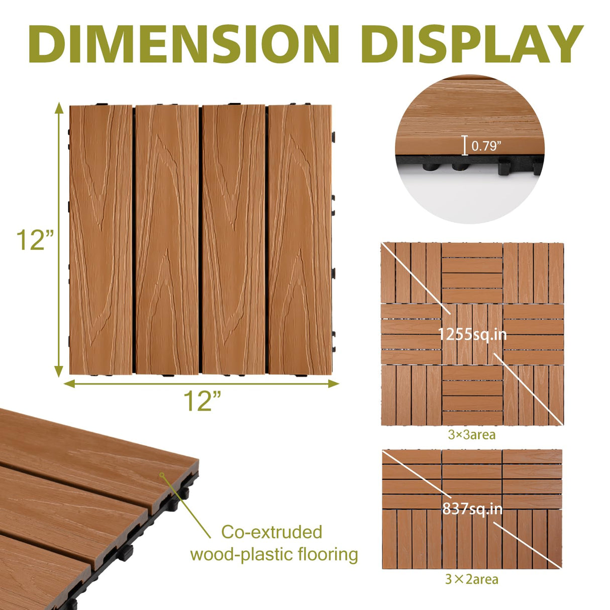 famobay Wood Plastic Composite Patio Deck Tiles,DIY Interlocking Decking Tiles, Floor Tile,Durable, Maintenance,Waterproof,Indoor Outdoor (6, 3D Teak, 12" x 12") famobay