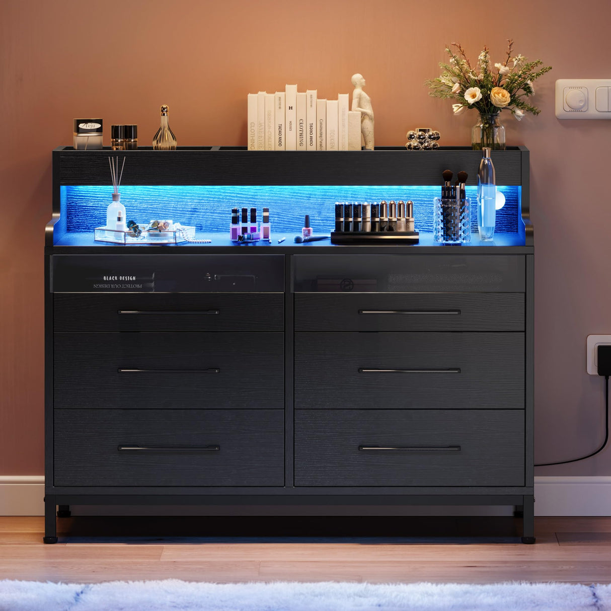 DWVO 6 Drawer Dressers with LED Light, Dresser & Chests of Drawers with Charging Station, Modern Dresser with Open Shelf Storage for Room, Entryway, Hallway, Black DWVO