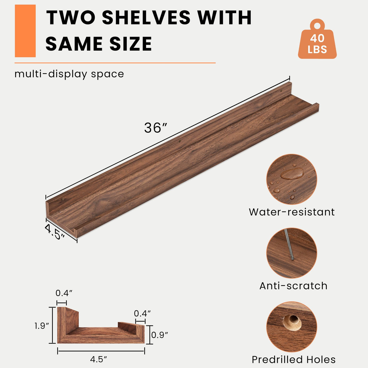Heimlove Picture Ledge Shelf, Floating Shelves Set of 2, 36 Inches Picture Shelf for Wall with Ledge, Kids Bookshelf Wall Mounted for Living Room Bedroom Decor Books Photo Frames - Walnut Heimlove