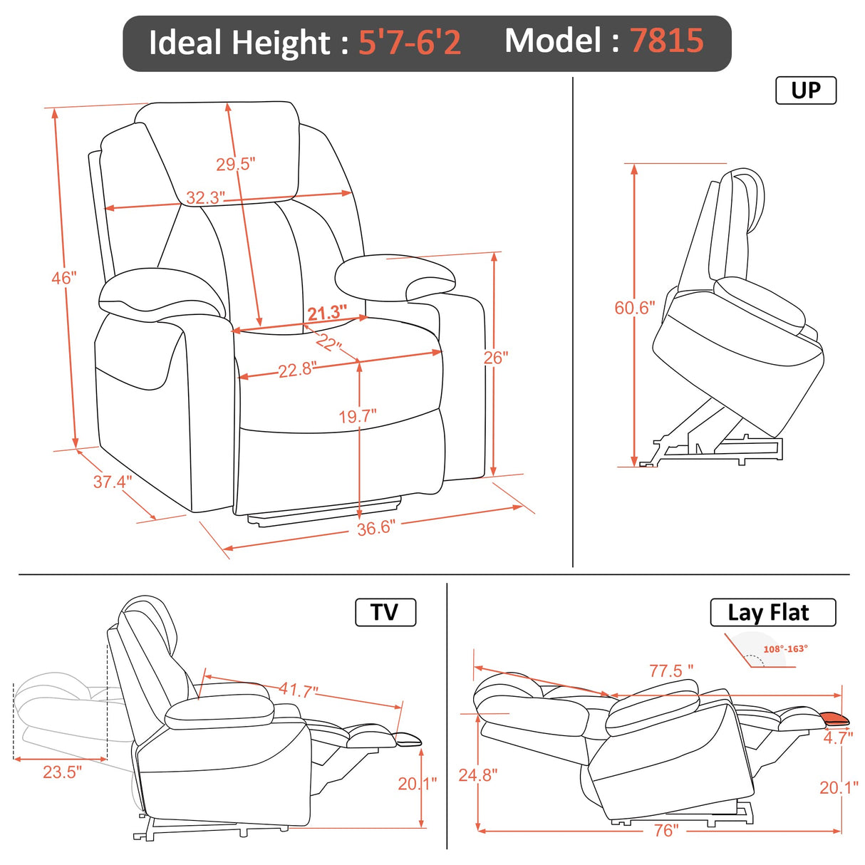 MCombo Large Lay Flat Dual Motor Power Lift Recliner Chair Sofa with Massage and Heat, USB Ports, Extended Footrest, for Elderly People, Infinite Position, Faux Leather 7815 (Dark Brown) MCombo