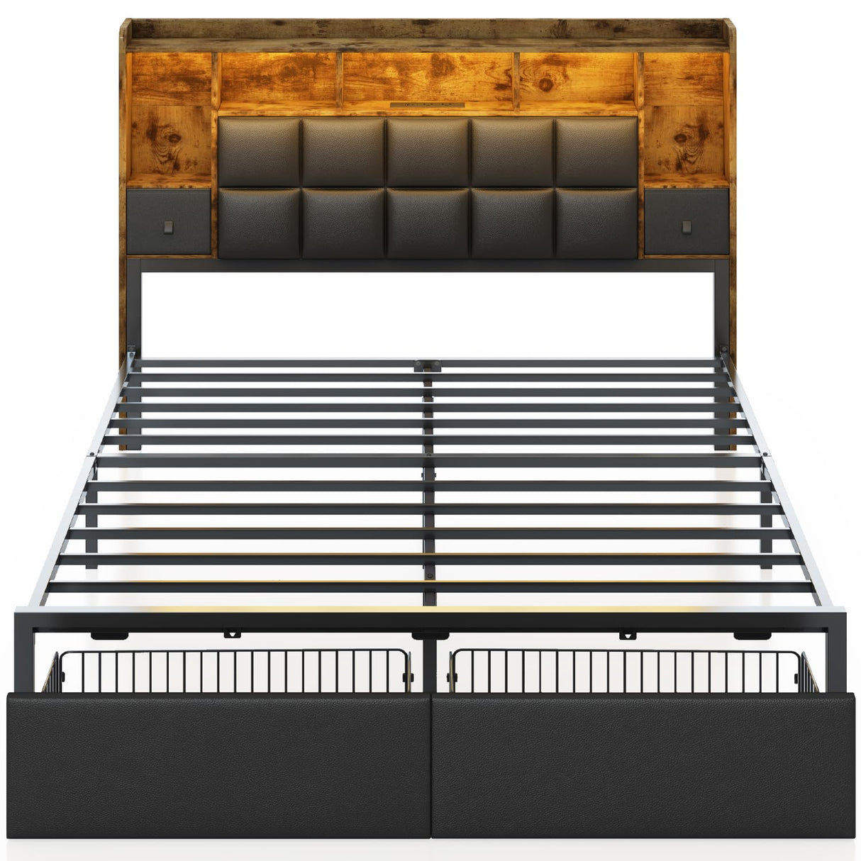 TIGUBFRE LED Bed Frame Queen Size with 2 Hidden Storage Drawers & Bookcase, PU Leather Headboard, Upholstered Platform Bed with Charging Station, Metal Slats Support, Noise Free, No Box Spring Needed TIGUBFRE