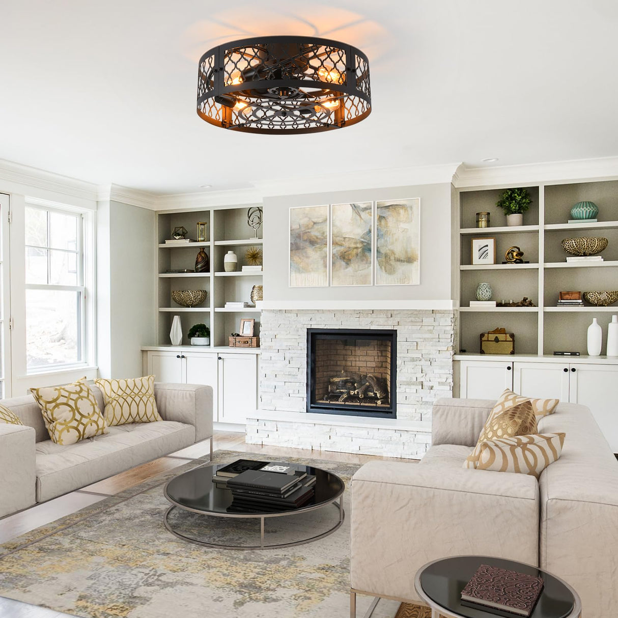 Garwarm 20in Caged Ceiling Fan with Light,Bladeless Black Fandelier Ceiling Fan with Remote,Industrial Farmhouse Flush Mount Ceiling Fan Light Fixtures for Kitchen,Bedroom, Living room(6 Speed,Timing) Garwarm