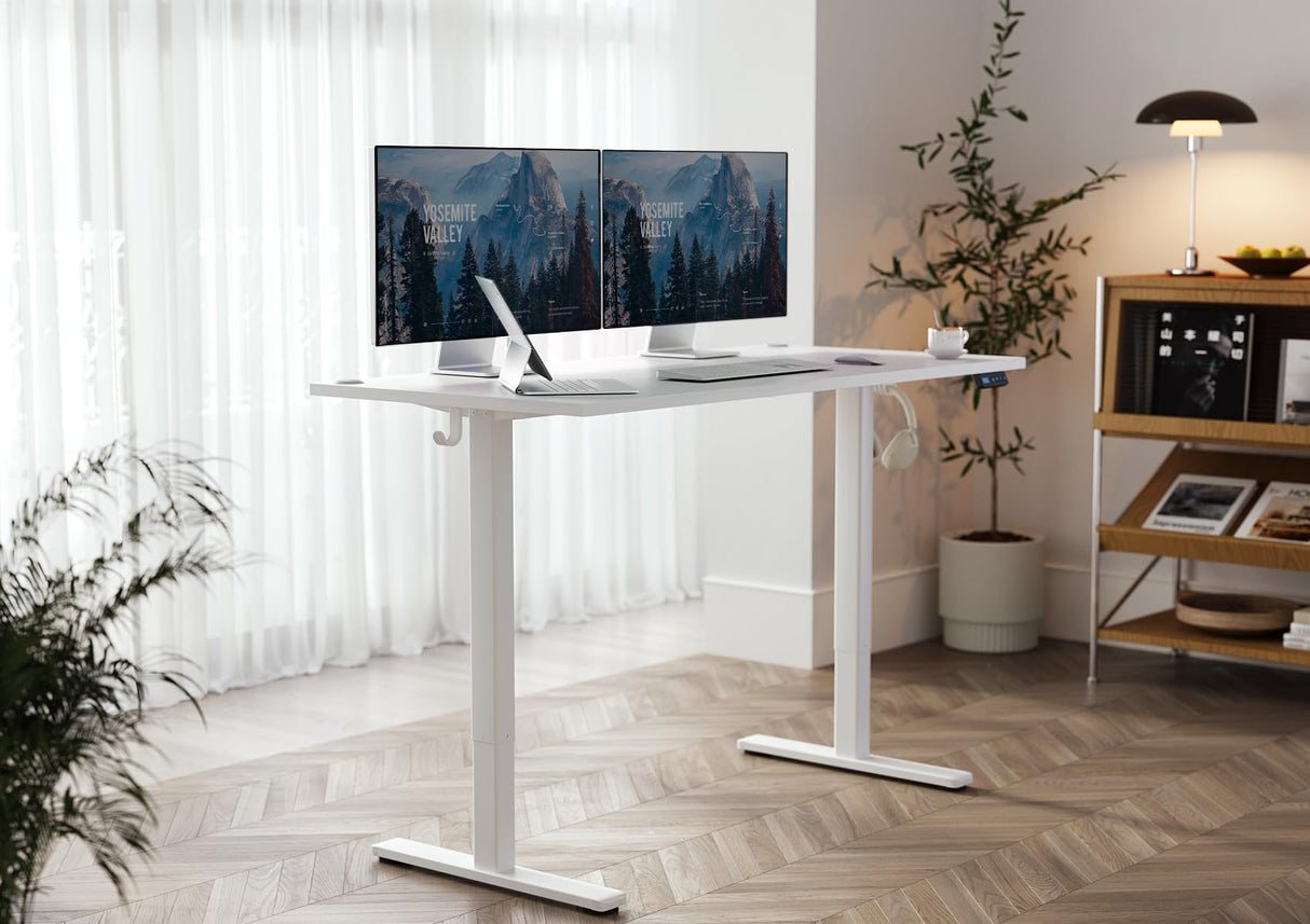 Seang Electric Standing Desk with Adjustable Height, 63x24 Inch Stand Up Desk, Sit Stand Desk with Splice Board for Home Office Computer Workstation, White Frame/White Top Seang