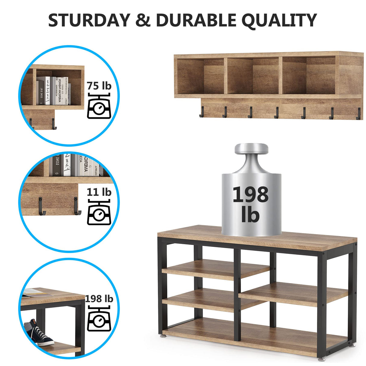 Tribesigns Coat Rack Set, Hall Tree, Industrial Shoe Bench, 3 Storage Cubbies, 7 Hooks for Entryway, Hallway, 5-in-1Design, Vintage Oak Tribesigns